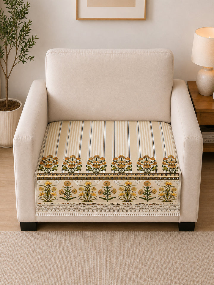 Suede Velvet Sofa Mat 1 Seater | Heritage Stripe - Ivory Cream