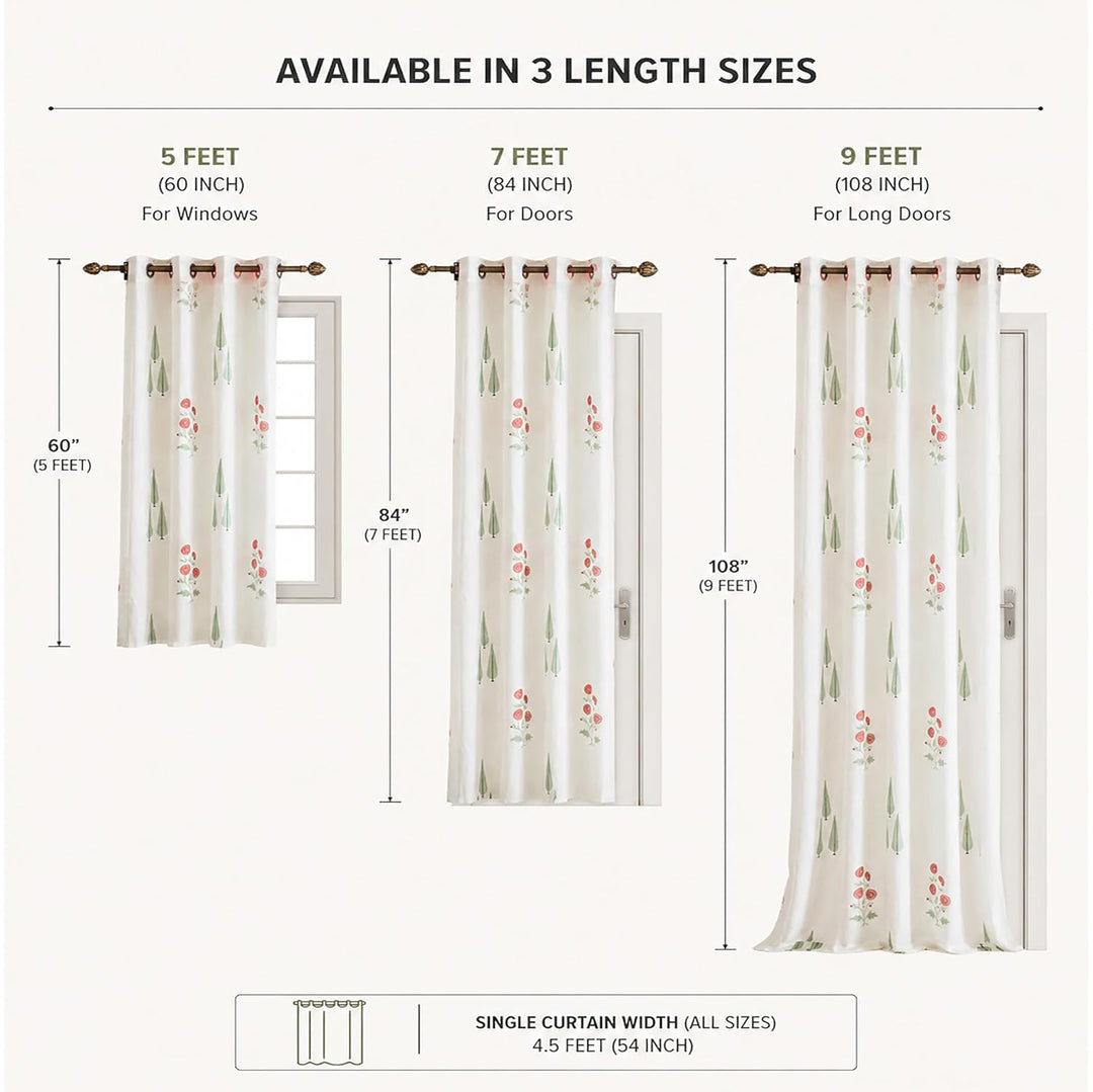 Block Print Sheer Door Curtains; 40% Light Filtering Linen Textured Curtains with Eyelets; Set of 2; 54x84 Inches/ 7 Feet; Elysian Blossom