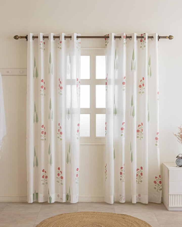 Block Print Sheer Door Curtains; 40% Light Filtering Linen Textured Curtains with Eyelets; Set of 2; 54x84 Inches/ 7 Feet; Elysian Blossom