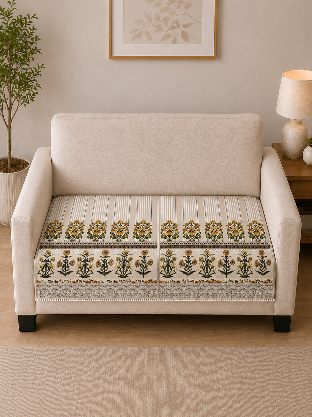 Suede Velvet Sofa Mat 2 Seater | Heritage Stripe - Natural Beige