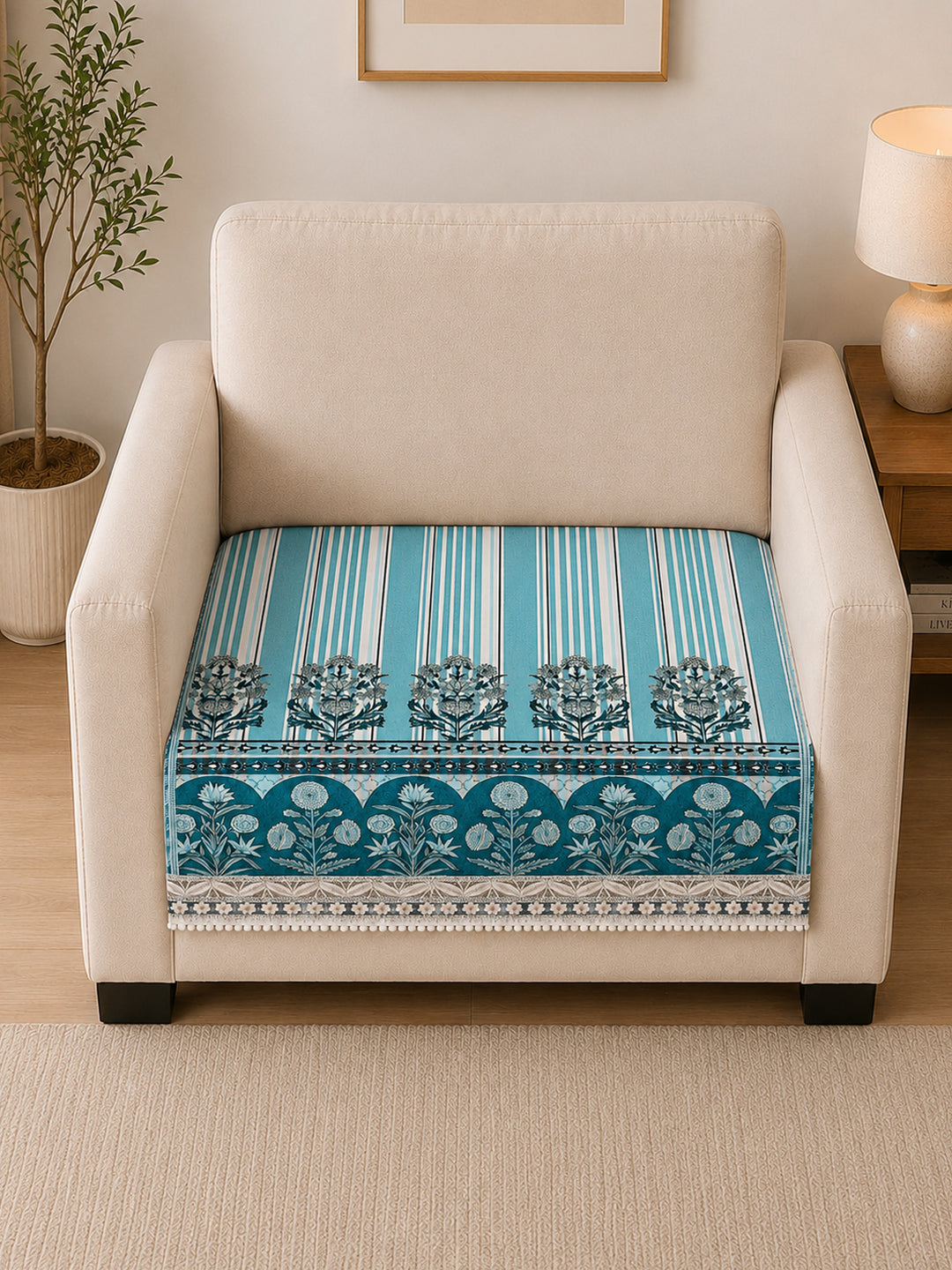 Suede Velvet Sofa Mat 1 Seater | Heritage Stripe - Ocean Blue
