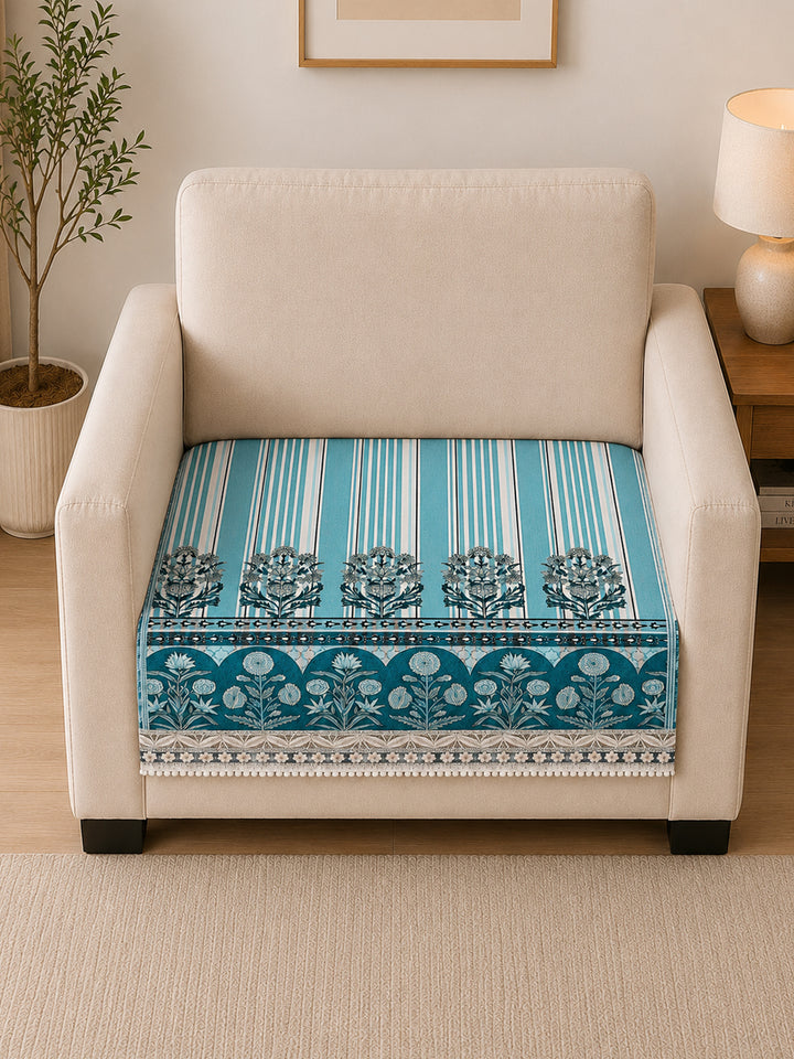 Suede Velvet Sofa Mat 1 Seater | Heritage Stripe - Ocean Blue