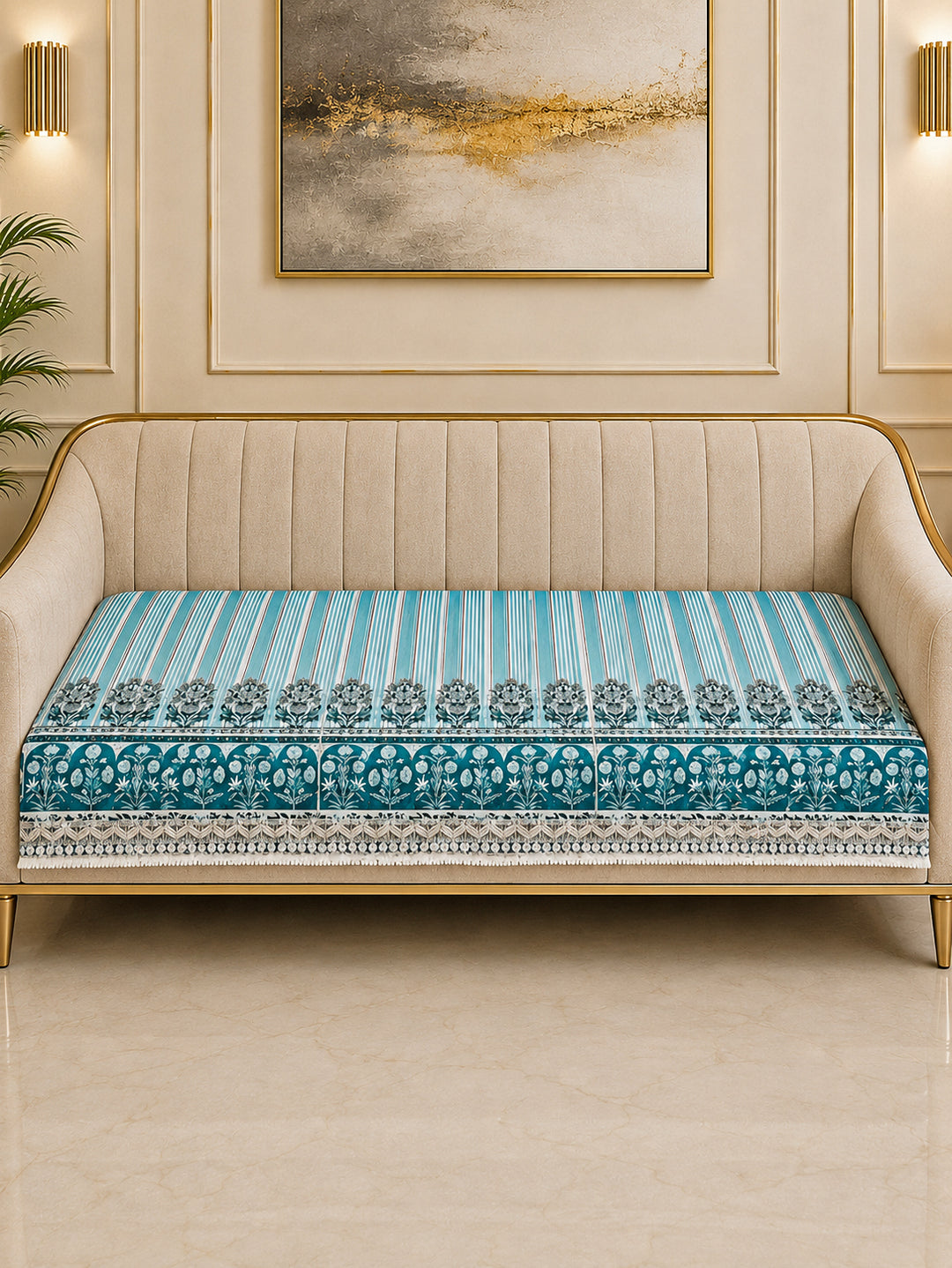 Suede Velvet Sofa Mat | Anti Skid & Machine Washable Sofa Cover Protector | Heritage Stripe - Ocean Blue