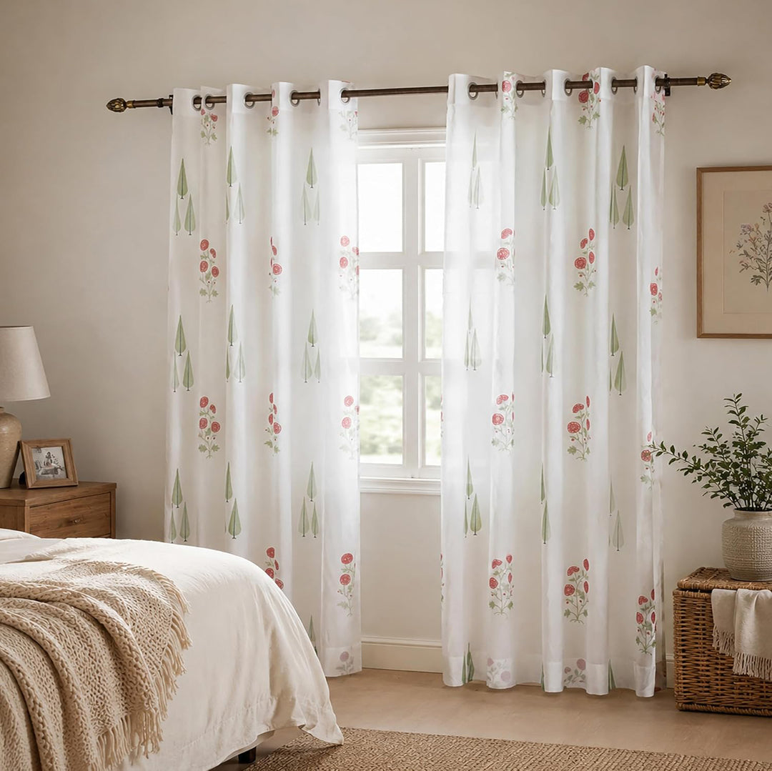 Block Print Sheer Door Curtains; 40% Light Filtering Linen Textured Curtains with Eyelets; Set of 2; 54x84 Inches/ 7 Feet; Elysian Blossom