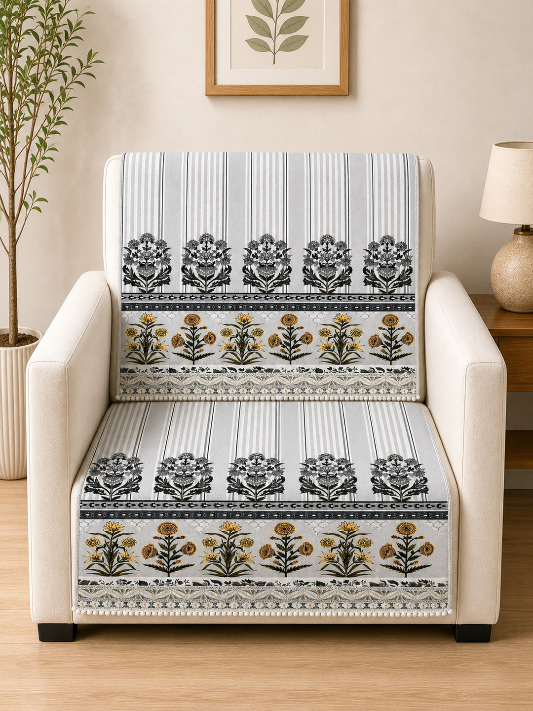 Velvet Sofa Mat 1 Seater Back & Seat | Heritage Stripe - Pearl Grey