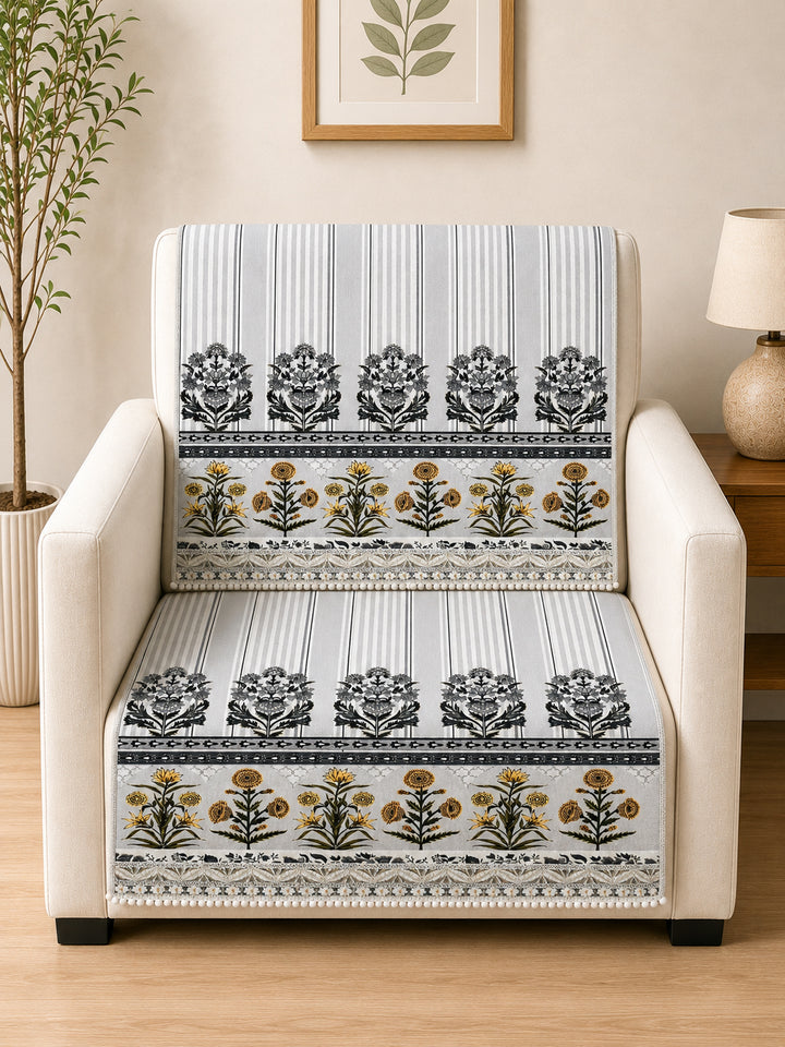 Velvet Sofa Mat 1 Seater Back & Seat | Heritage Stripe - Pearl Grey