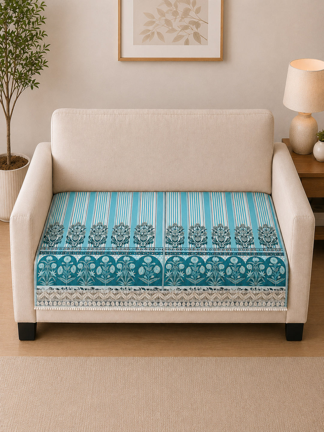 Suede Velvet Sofa Mat 2 Seater | Heritage Stripe - Ocean Blue