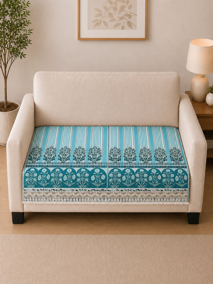 Suede Velvet Sofa Mat 2 Seater | Heritage Stripe - Ocean Blue
