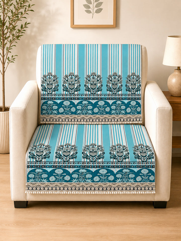 Velvet Sofa Mat 1 Seater Back & Seat | Heritage Stripe - Ocean Blue