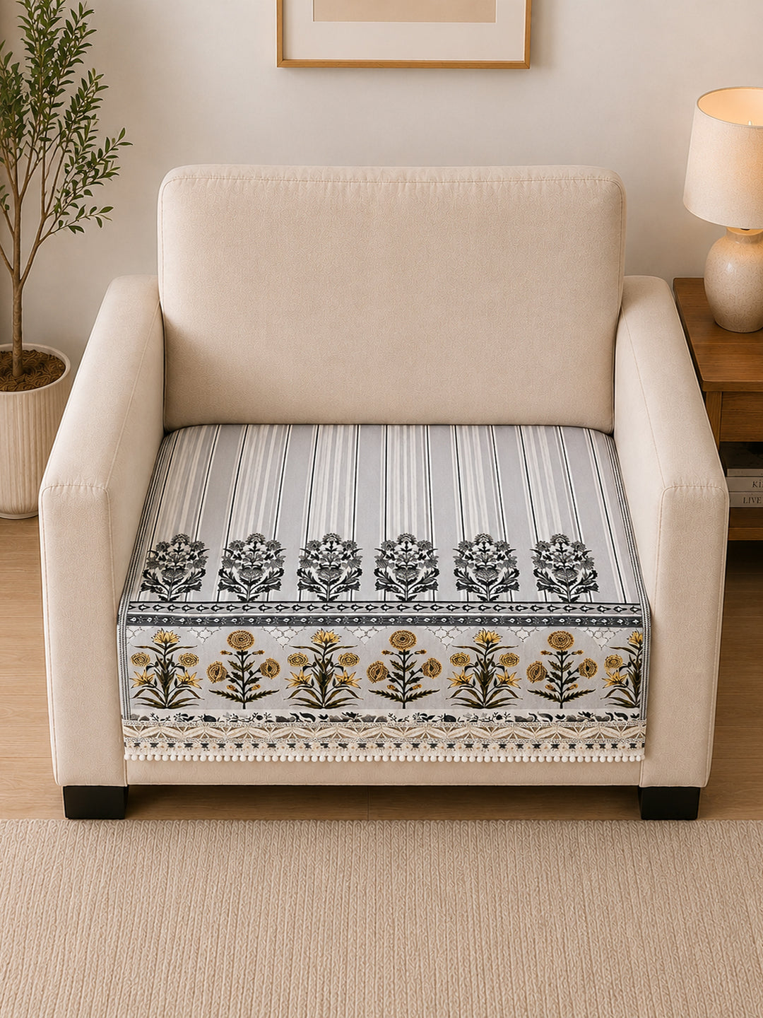 Suede Velvet Sofa Mat 1 Seater | Heritage Stripe - Pearl Grey