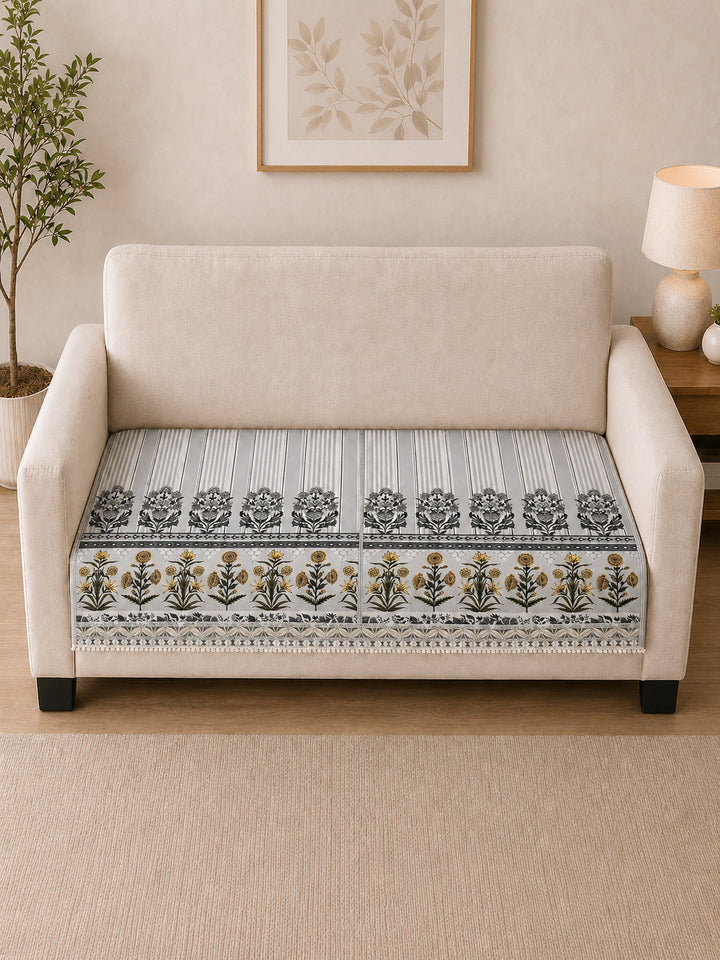 Suede Velvet Sofa Mat 2 Seater | Heritage Stripe - Pearl Grey