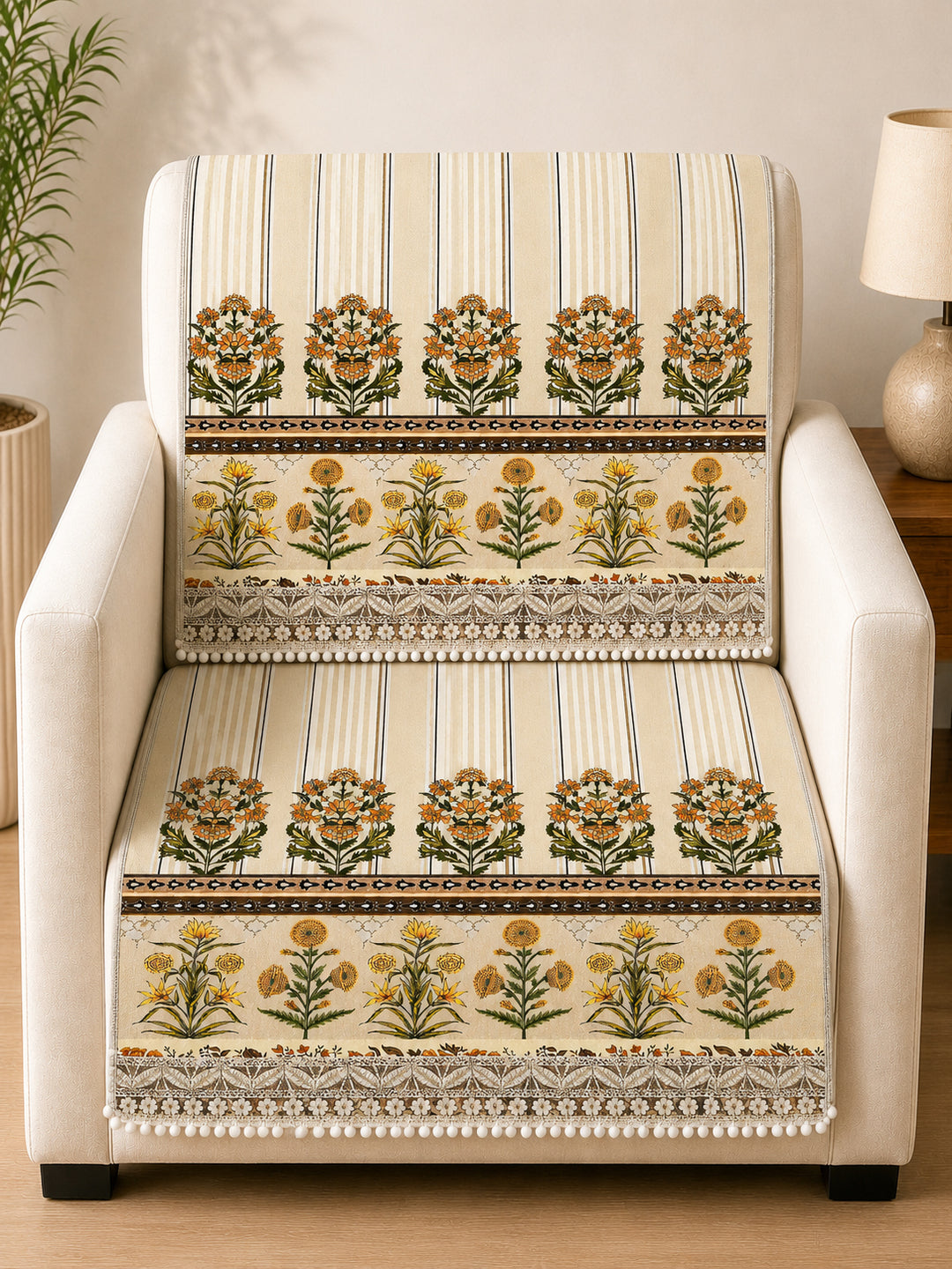 Velvet Sofa Mat 1 Seater Back & Seat | Heritage Stripe - Ivory Cream