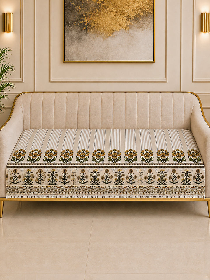 Suede Velvet Sofa Mat | Anti Skid & Machine Washable Sofa Cover Protector | Heritage Stripe - Natural Beige