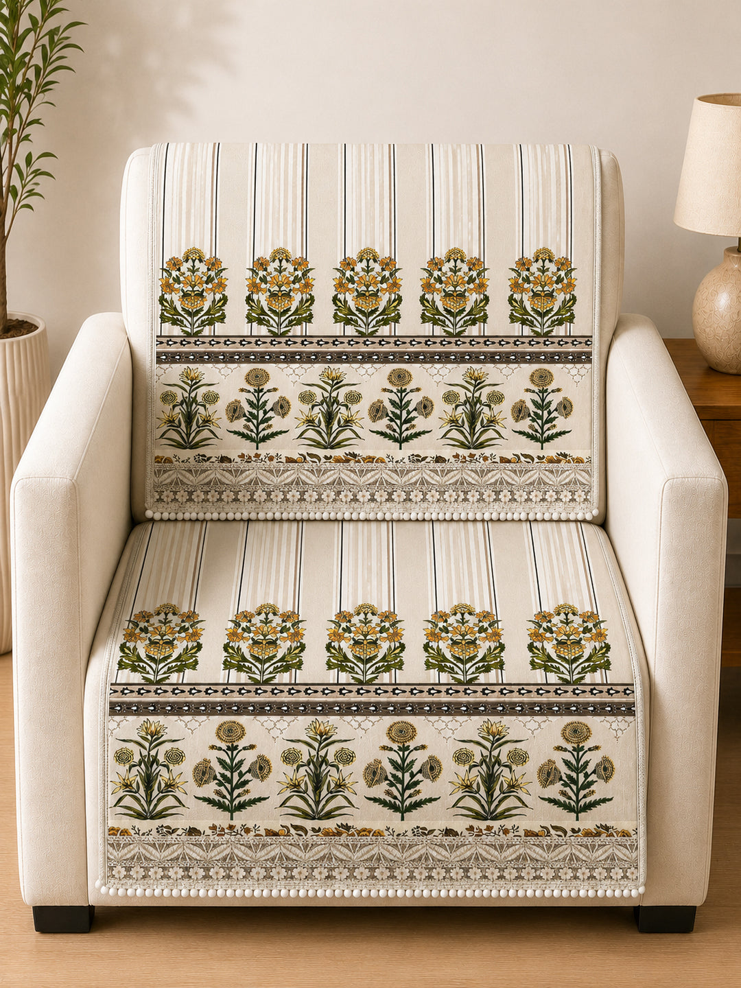 Velvet Sofa Mat 1 Seater Back & Seat | Heritage Stripe - Natural Beige