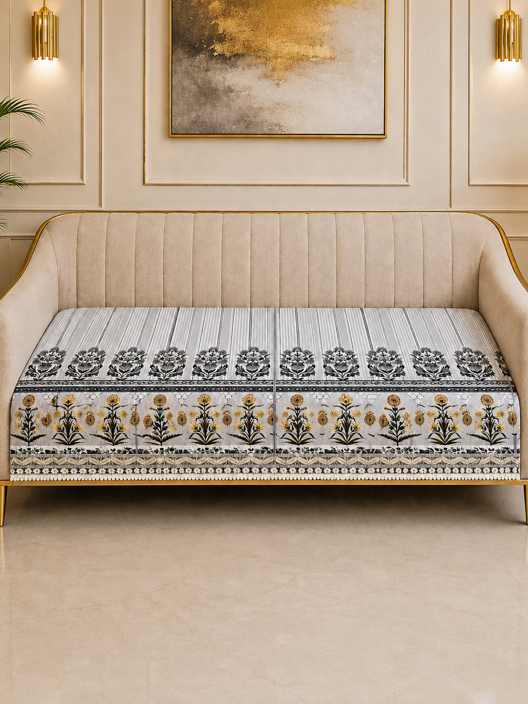 Suede Velvet Sofa Mat | Anti Skid & Machine Washable Sofa Cover Protector | Heritage Stripe - Pearl Grey