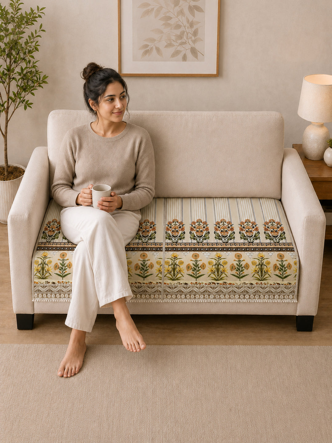 Suede Velvet Sofa Mat 2 Seater | Heritage Stripe - Ivory Cream