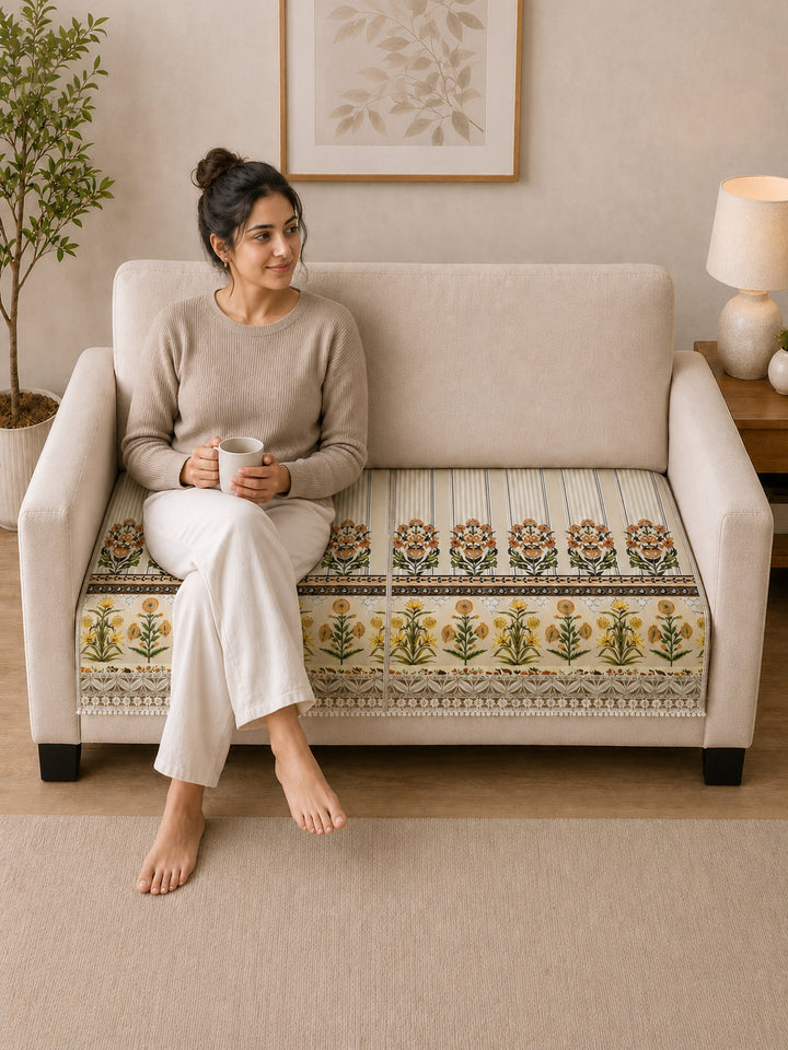 Suede Velvet Sofa Mat 2 Seater | Heritage Stripe - Ivory Cream
