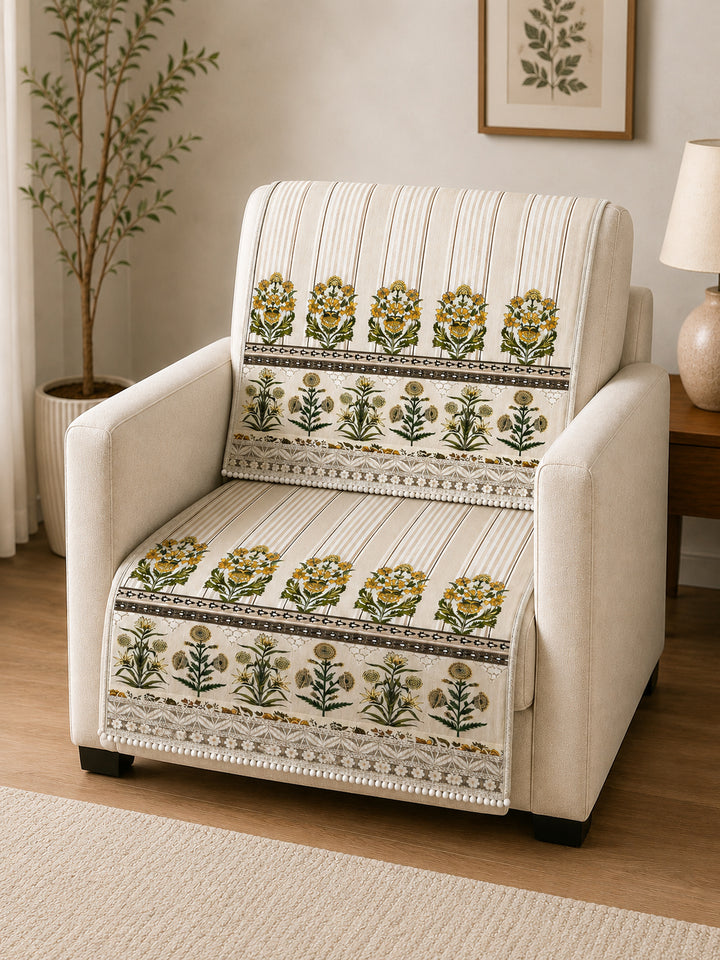 Velvet Sofa Mat 1 Seater Back & Seat | Heritage Stripe - Natural Beige
