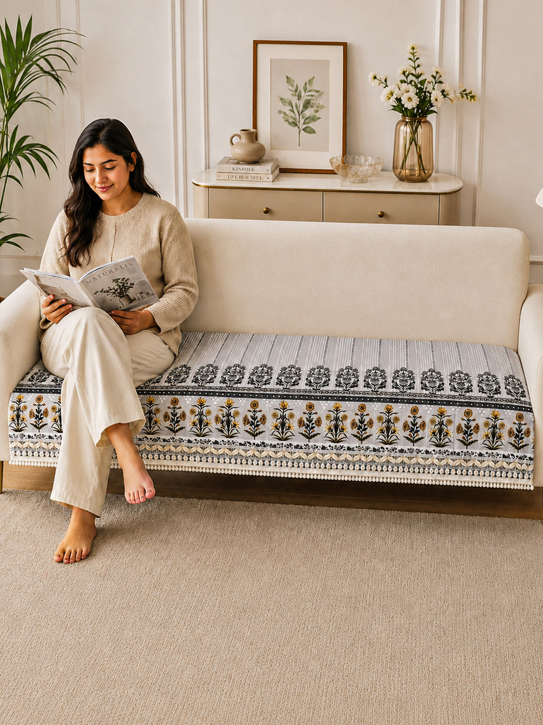 Suede Velvet Sofa Mat | Anti Skid & Machine Washable Sofa Cover Protector | Heritage Stripe - Pearl Grey
