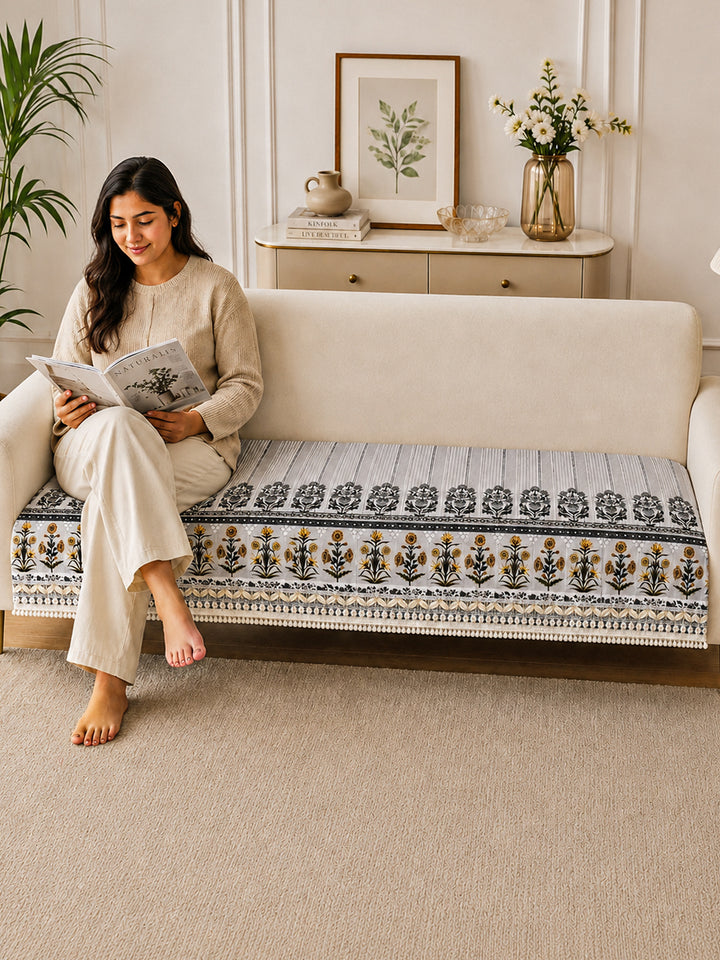 Suede Velvet Sofa Mat | Anti Skid & Machine Washable Sofa Cover Protector | Heritage Stripe - Pearl Grey