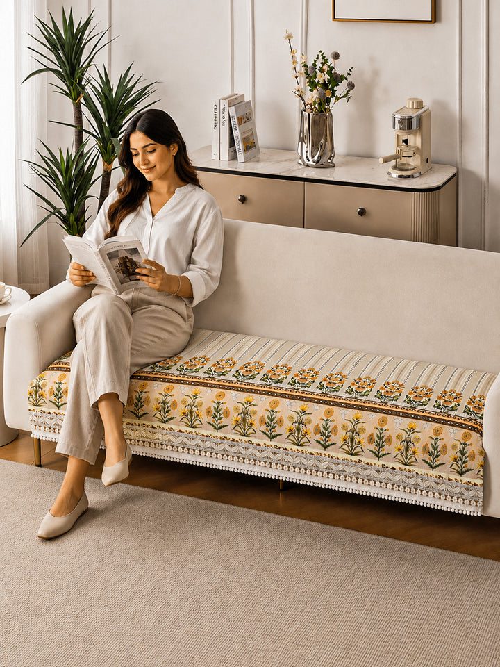 Suede Velvet Sofa Mat | Anti Skid & Machine Washable Sofa Cover Protector | Heritage Stripe - Ivory Cream