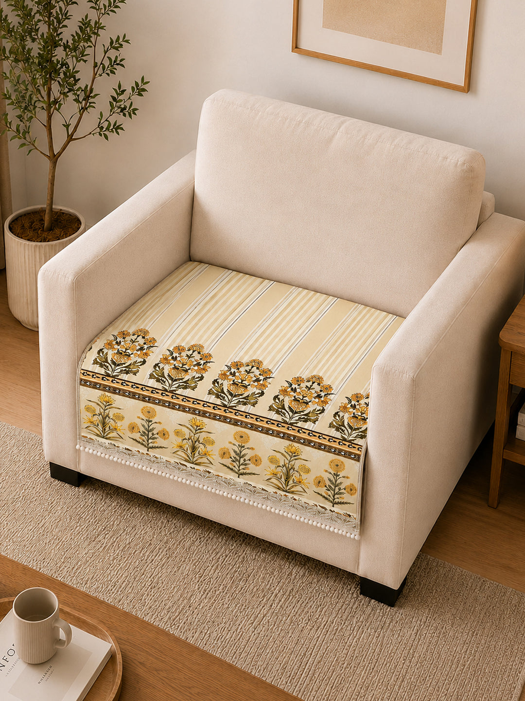 Suede Velvet Sofa Mat 1 Seater | Heritage Stripe - Ivory Cream