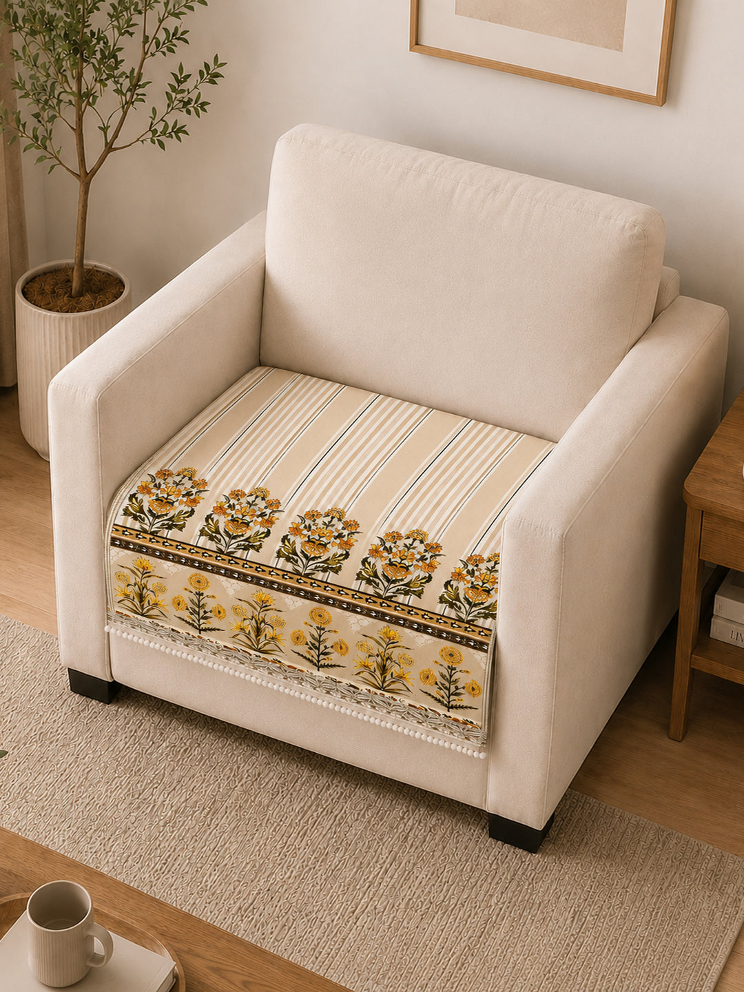 Suede Velvet Sofa Mat 1 Seater | Heritage Stripe - Natural Beige