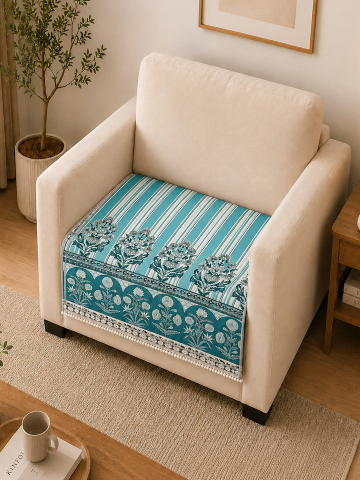 Suede Velvet Sofa Mat 1 Seater | Heritage Stripe - Ocean Blue