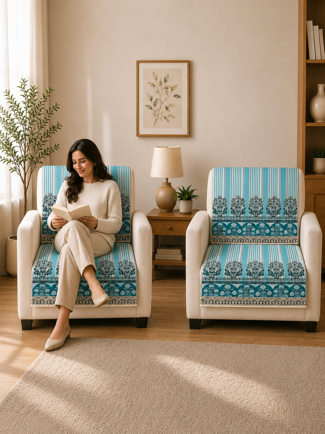 Velvet Sofa Mat 1 Seater Back & Seat | Heritage Stripe - Ocean Blue