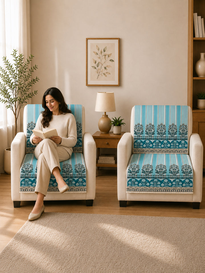 Velvet Sofa Mat 1 Seater Back & Seat | Heritage Stripe - Ocean Blue