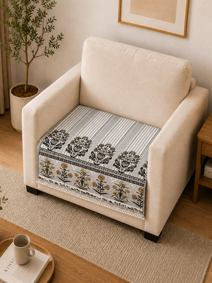 Suede Velvet Sofa Mat 1 Seater | Heritage Stripe - Pearl Grey