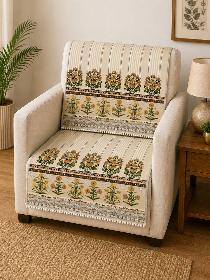 Velvet Sofa Mat 1 Seater Back & Seat | Heritage Stripe - Ivory Cream