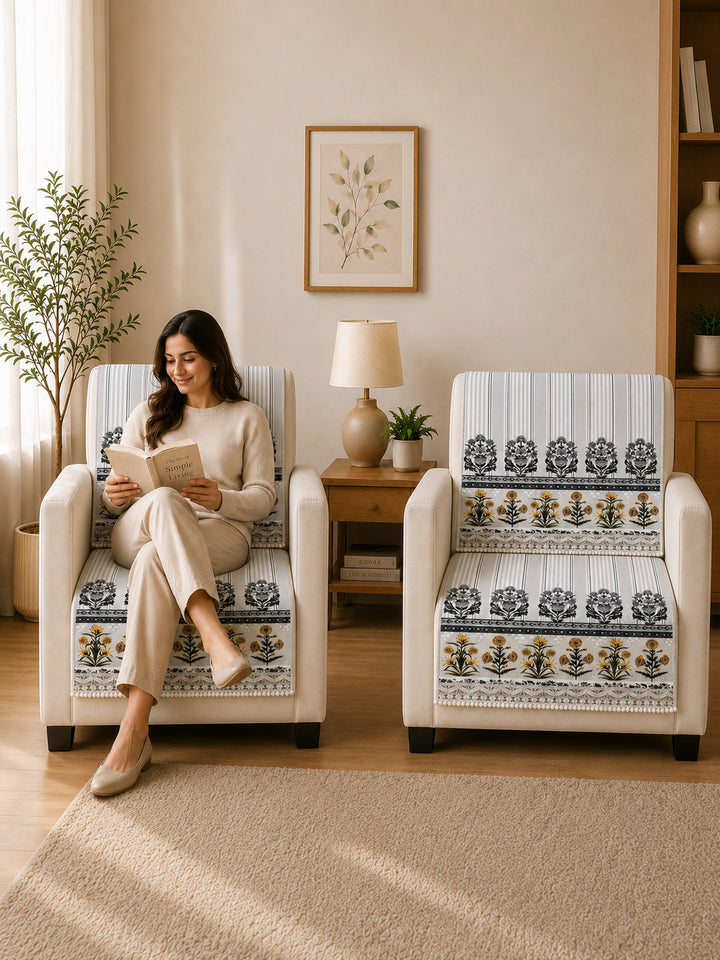 Velvet Sofa Mat 1 Seater Back & Seat | Heritage Stripe - Pearl Grey