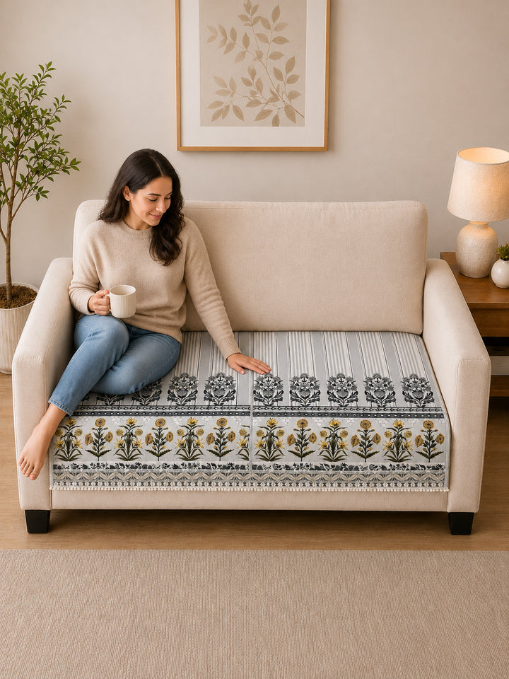 Suede Velvet Sofa Mat 2 Seater | Heritage Stripe - Pearl Grey