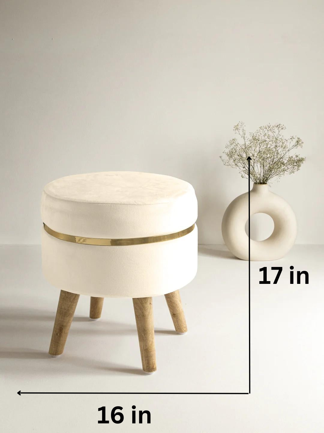 White Stool With Golden Ring & Wood Legs