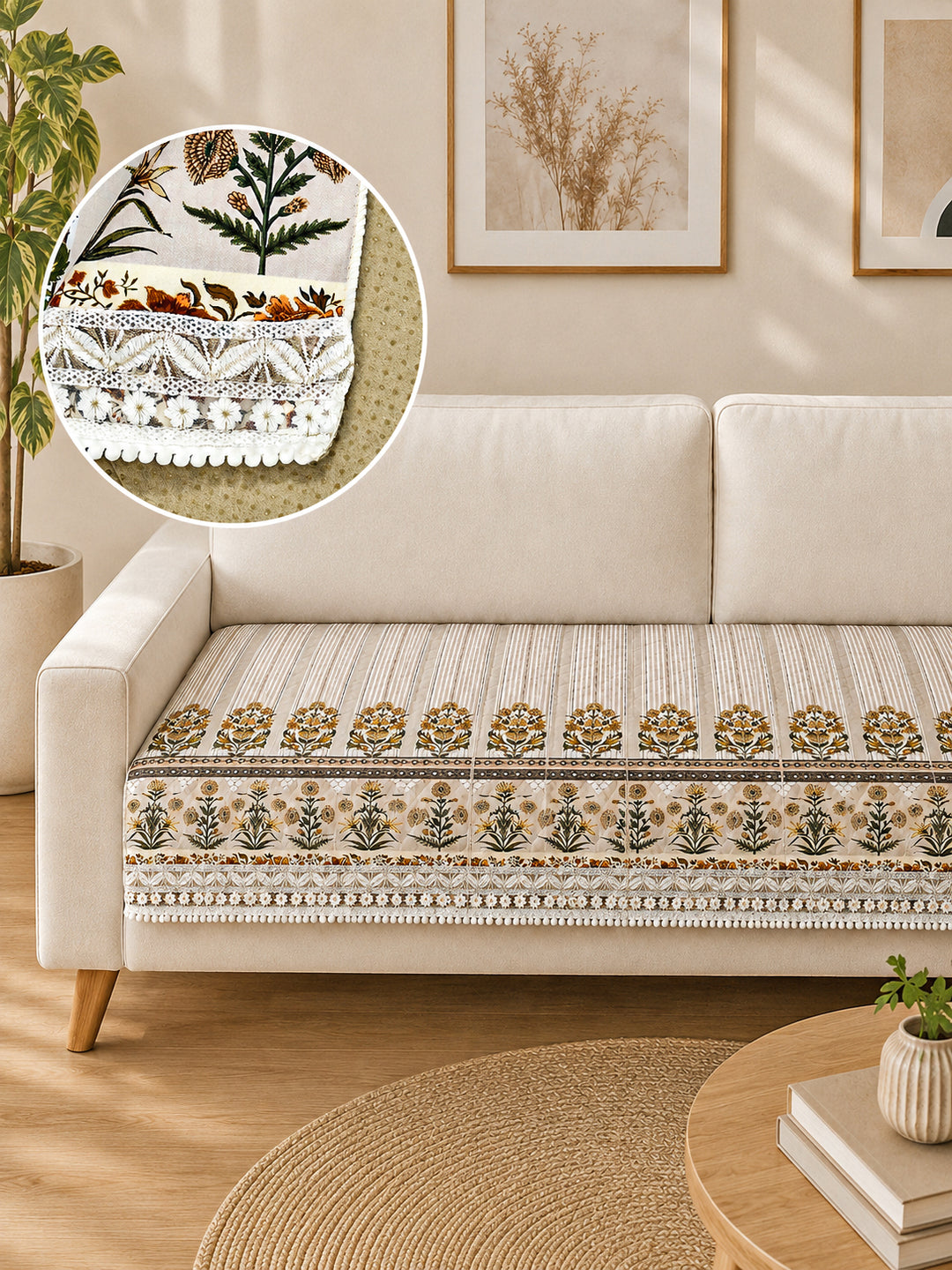 Suede Velvet Sofa Mat | Anti Skid & Machine Washable Sofa Cover Protector | Heritage Stripe - Natural Beige