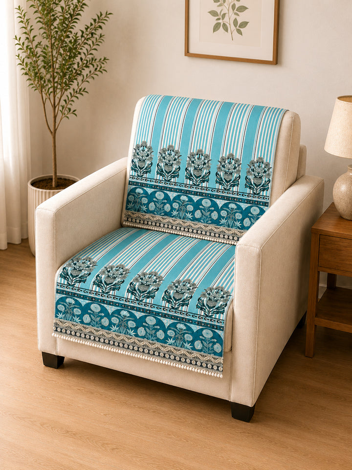 Velvet Sofa Mat 1 Seater Back & Seat | Heritage Stripe - Ocean Blue