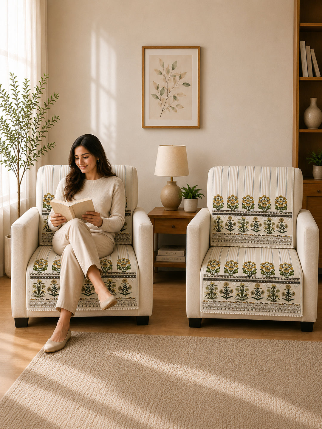 Velvet Sofa Mat 1 Seater Back & Seat | Heritage Stripe - Natural Beige