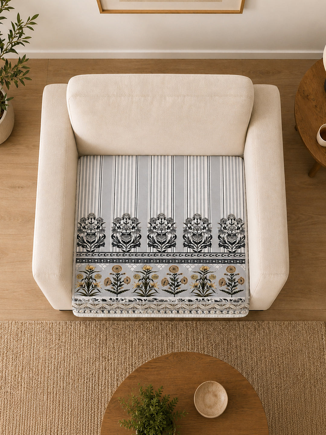 Suede Velvet Sofa Mat 1 Seater | Heritage Stripe - Pearl Grey