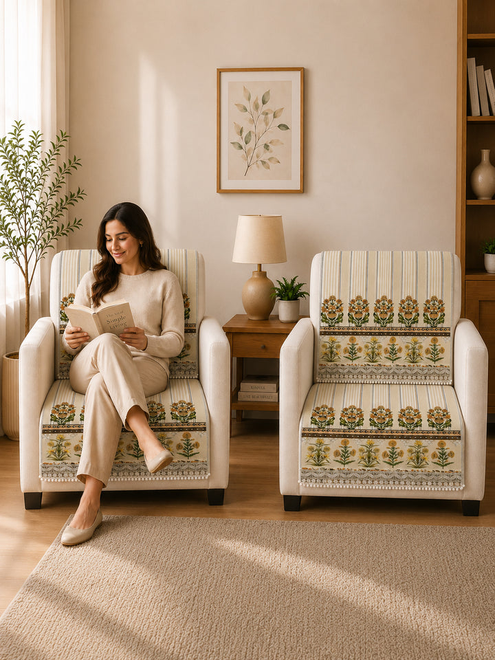 Velvet Sofa Mat 1 Seater Back & Seat | Heritage Stripe - Ivory Cream