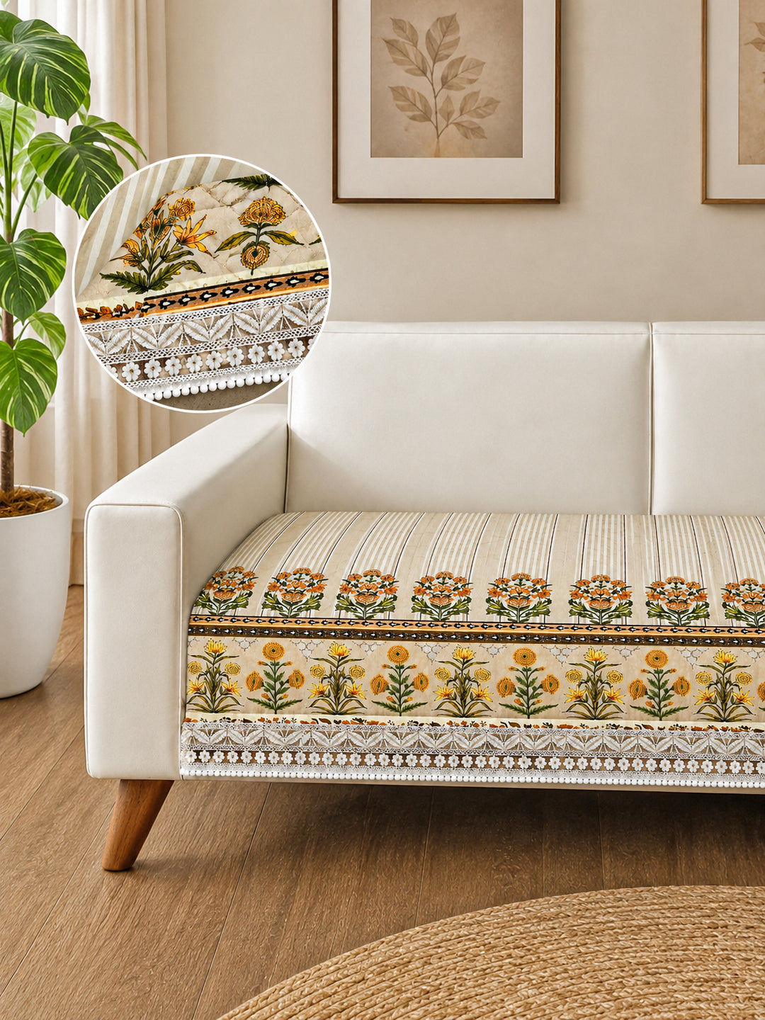 Suede Velvet Sofa Mat | Anti Skid & Machine Washable Sofa Cover Protector | Heritage Stripe - Ivory Cream