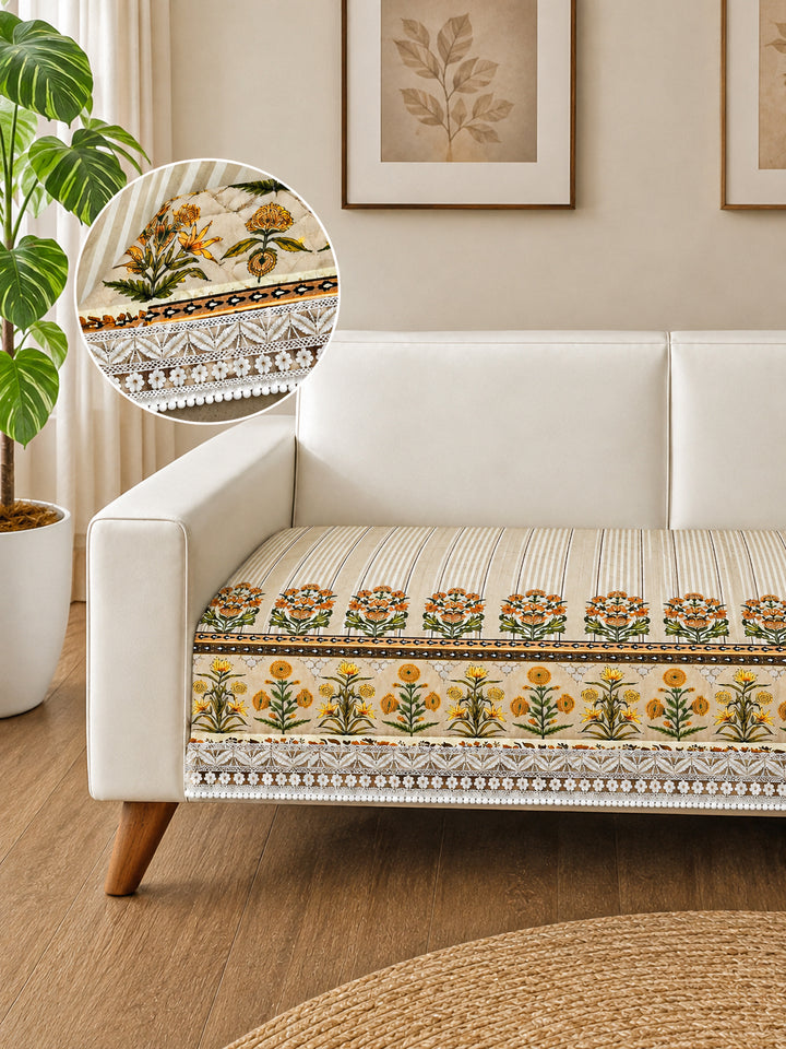 Suede Velvet Sofa Mat | Anti Skid & Machine Washable Sofa Cover Protector | Heritage Stripe - Ivory Cream