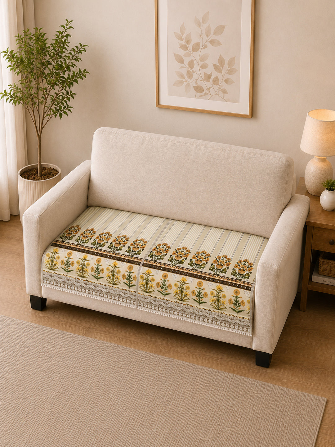 Suede Velvet Sofa Mat 2 Seater | Heritage Stripe - Ivory Cream