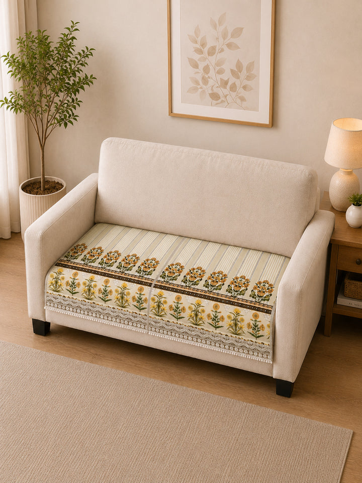 Suede Velvet Sofa Mat 2 Seater | Heritage Stripe - Ivory Cream