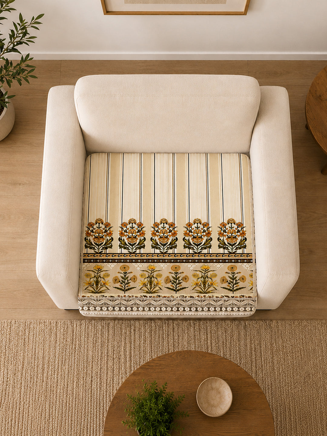 Suede Velvet Sofa Mat 1 Seater | Heritage Stripe - Ivory Cream