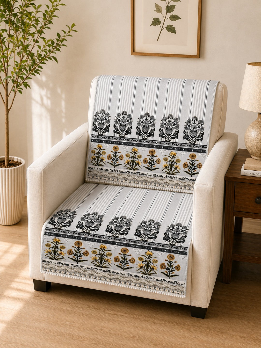 Velvet Sofa Mat 1 Seater Back & Seat | Heritage Stripe - Pearl Grey