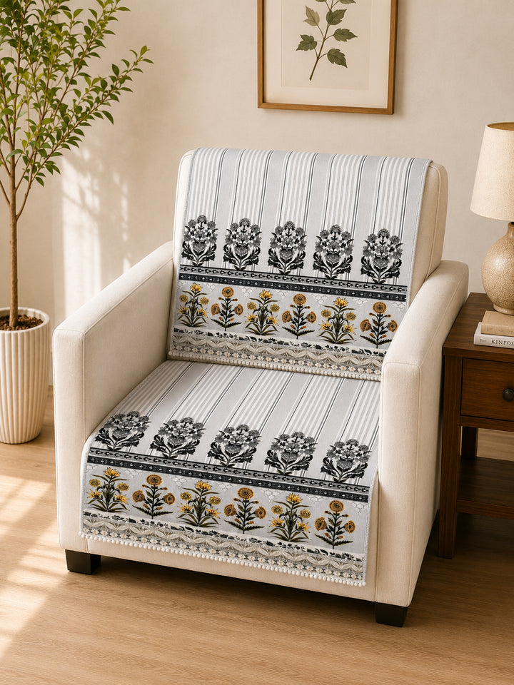 Velvet Sofa Mat 1 Seater Back & Seat | Heritage Stripe - Pearl Grey