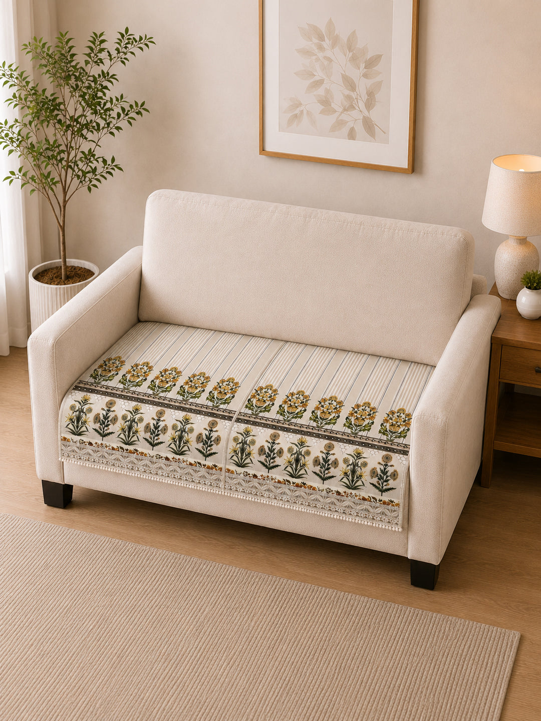 Suede Velvet Sofa Mat 2 Seater | Heritage Stripe - Natural Beige
