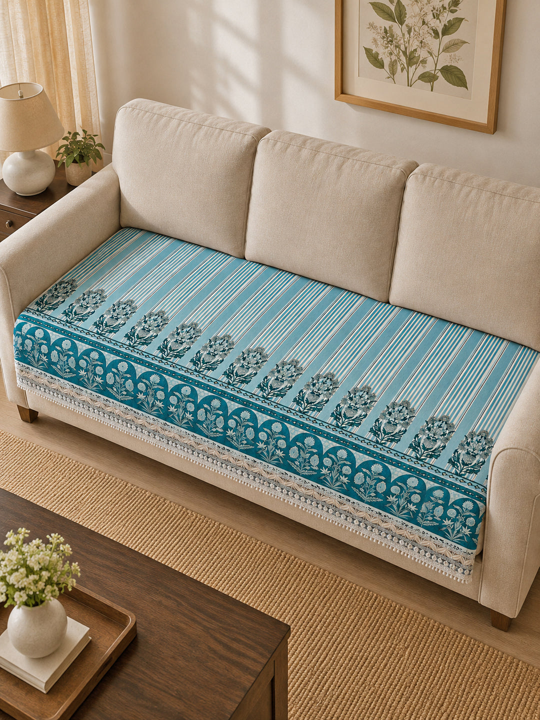 Suede Velvet Sofa Mat | Anti Skid & Machine Washable Sofa Cover Protector | Heritage Stripe - Ocean Blue