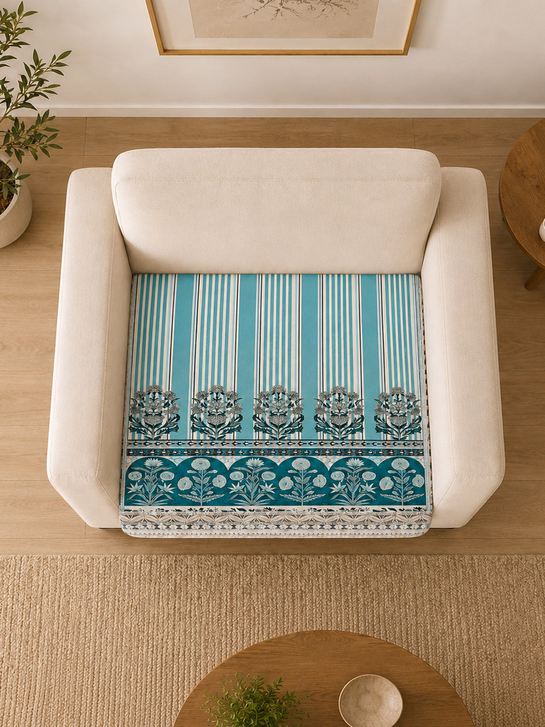 Suede Velvet Sofa Mat 1 Seater | Heritage Stripe - Ocean Blue